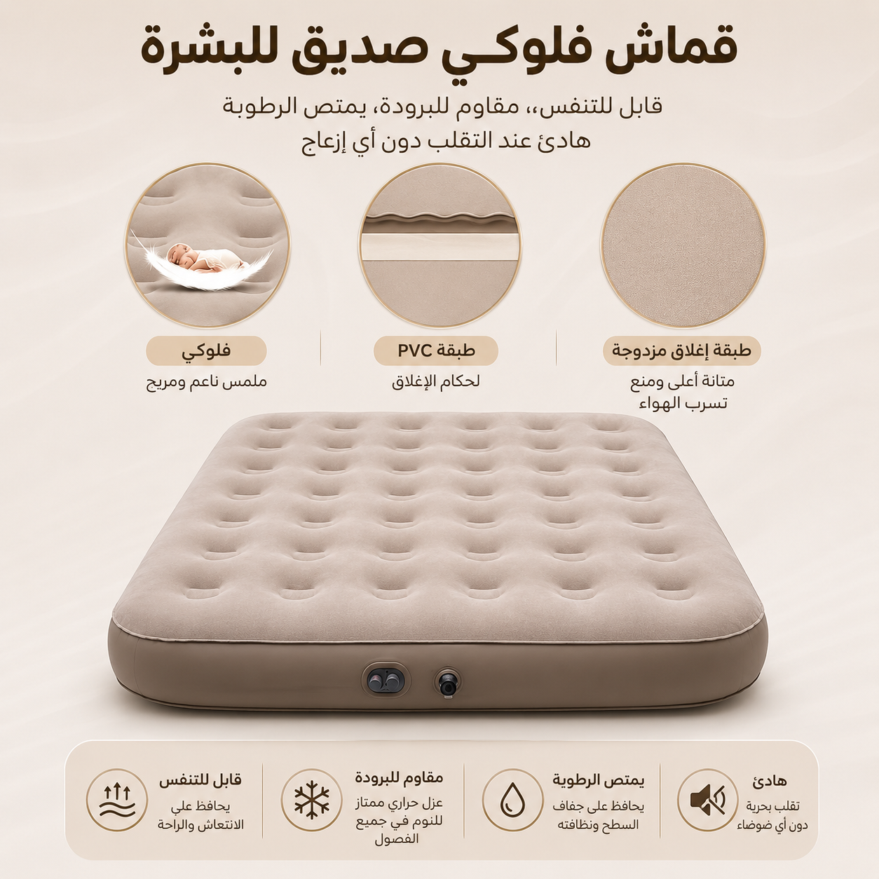 سرير هوائي مزدوج بمضخة مدمجة – نفخ وتفريغ بزر واحد، يتحمل حتى 300 كجم، مقاس 200×150×40 سم